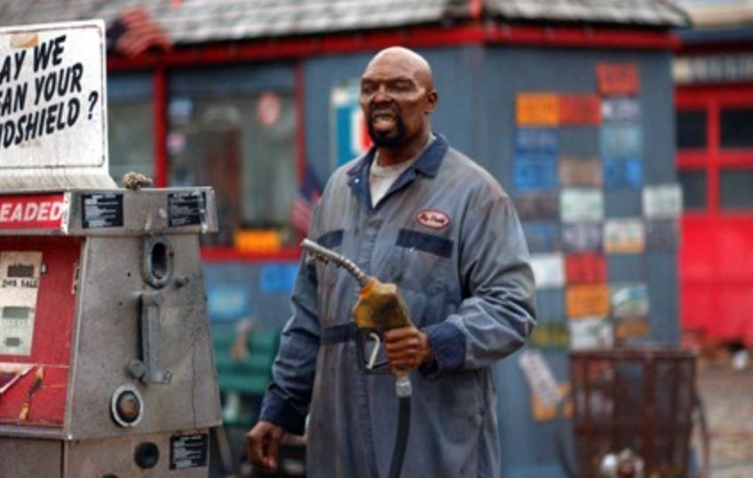 Male zombie pumping gas in George Romero's, 'Land of the Dead' film from 2005.