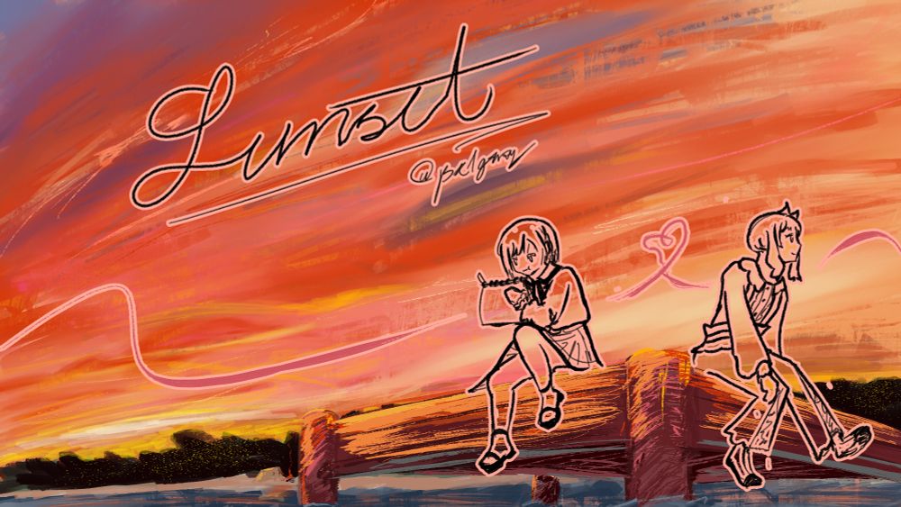 Ena drawing on her sketchpad with her and Mizuki sitting on a lake dock. The background is a falling sunset.