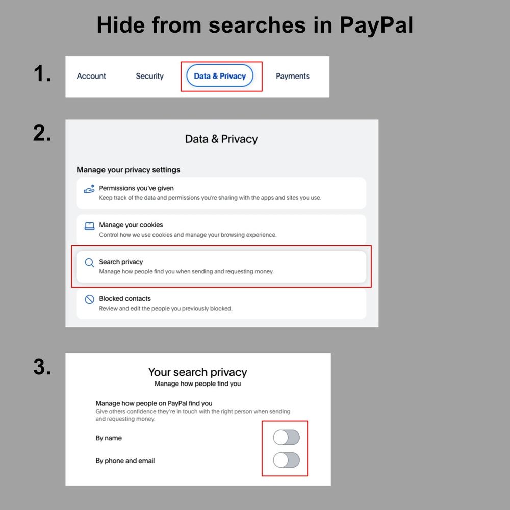 Quick instructions for stopping people from searching you in PayPal.
1. Select 'Data & Privacy' from