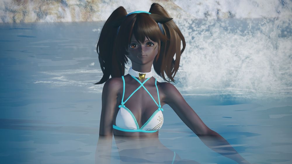Blue and teal miko outfit (divine brook) swimsuit version, sitting pose in water