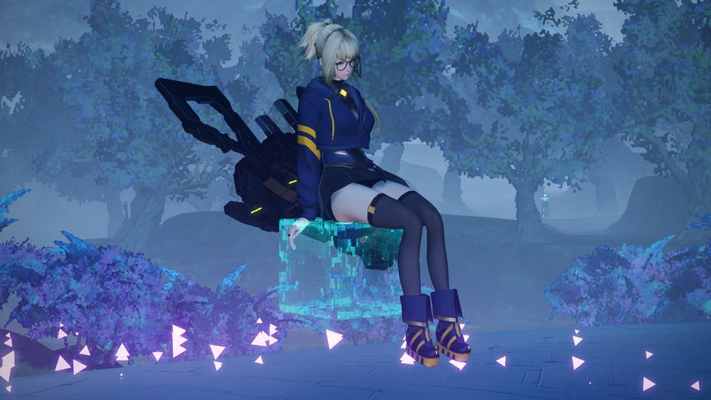 Magister Machia look with dark blue, gold/yellow, black color scheme with cropped hoodie sitting pose with Gravil Krutz wand behind