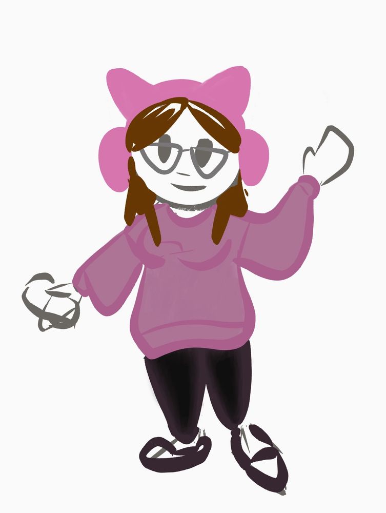 A drawing of Lauren in her work from home outfit: kitty eared headphones, a pink sweater, leggings, and slippers. The style is cartoonish and cute.