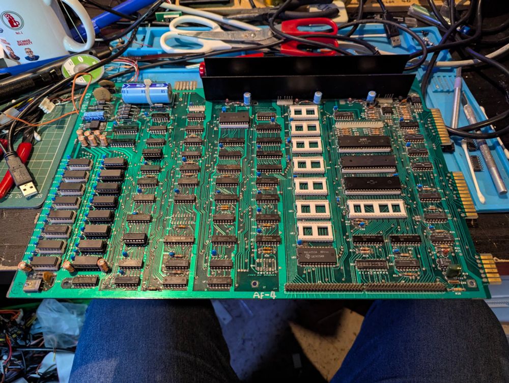 The motherboard of Rusty. The seven ROM sockets are empty as I'd the CPU socket to the right.