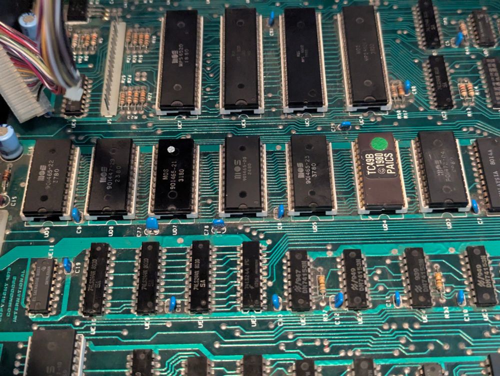 A picture of the PET motherboard showing all seven ROM sockets filled. 