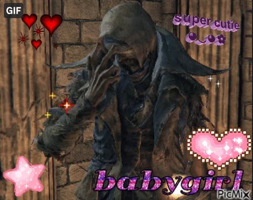 still image screenshot of a picmix gif of simon the harrowed, an NPC in bloodborne. he is looking down away from the camera and has his hand partially covering his face, as he has simply Seen Enough in his difficult life, the poor dear. he is surrounded by glitter spots, glittery hearts, a pink & purple glittery word art of the word "babygirl" and some purple text that says "super cutie"