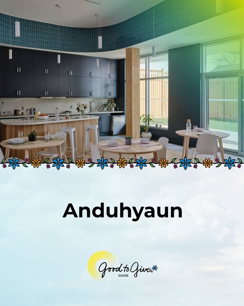 Photo of Anduhyaun’s kitchen and outdoor space. Anduhyaun. Good to Give Guide logo.  