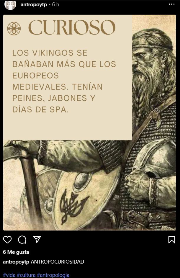 Imagen de un señor vikingo tapado con un texto que dice "lo vikingos se bañaban más que los europeos medievales. Tenían peines, jabones y días de spa"