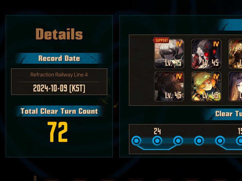 A victory screen from mobile game Limbus Company, listing the completion date and turn count for Refraction Railway Four - 10.09.2024 (KST) and 72 turns respectively.