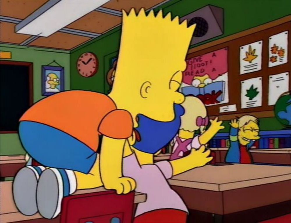 A screenshot from The Simpsons. Kids in a classroom excitedly running and jumping because they are thrilled that there is a dog in the air vents. 
