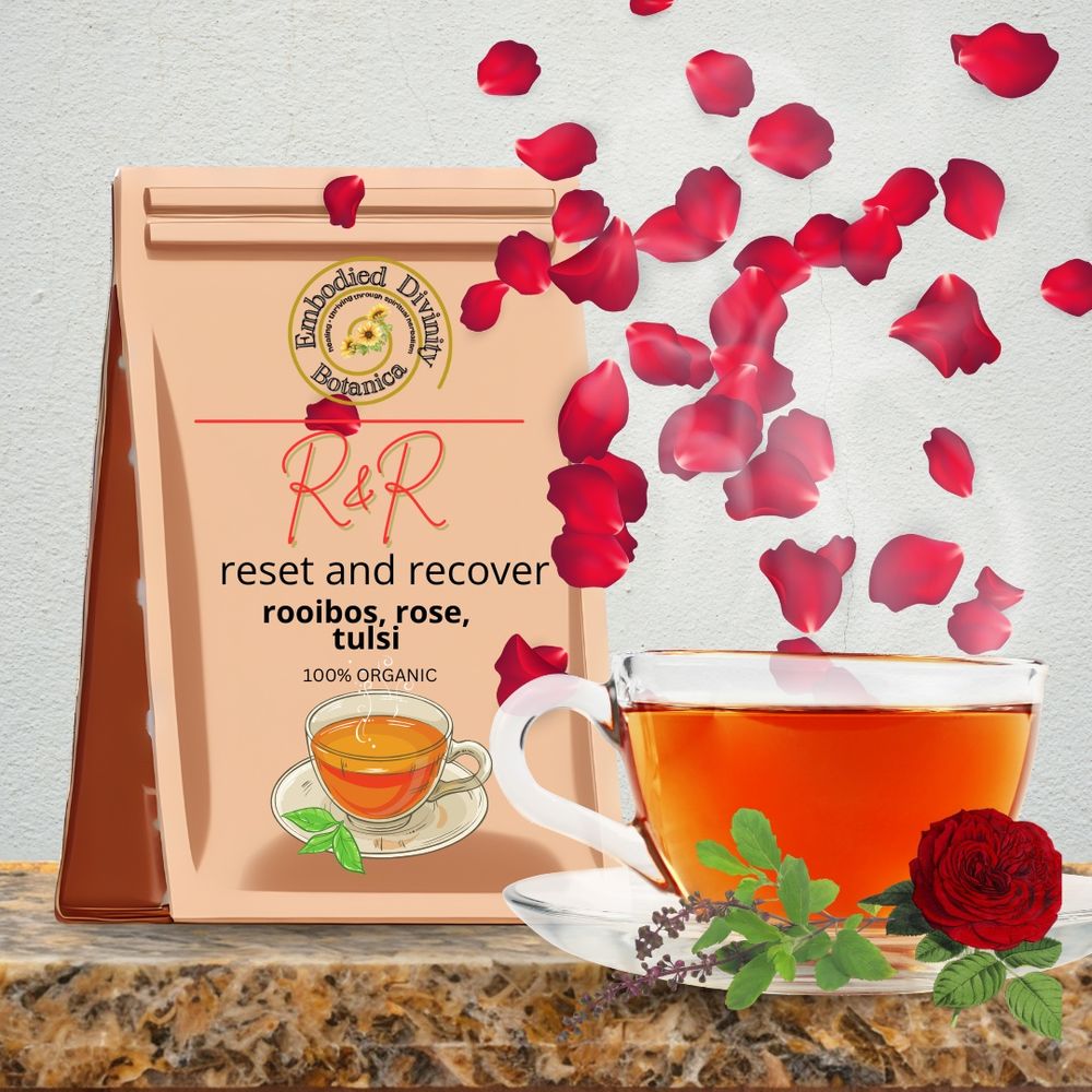 a stunning digital mockup of an herbal tea blend containing rooibos, rose, and tulsi.