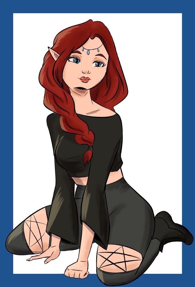 @raznay.bsky.social oc Faelynn - a voluptuous redhead in dark clothes. She has pointy elvish ears and blue jewels hanging on her forehead from a string.