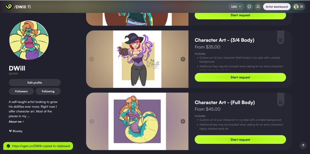 VGen page for DWill. Showing:
Character Art - 3/4 Body $35
Character Art - Full Body $45
