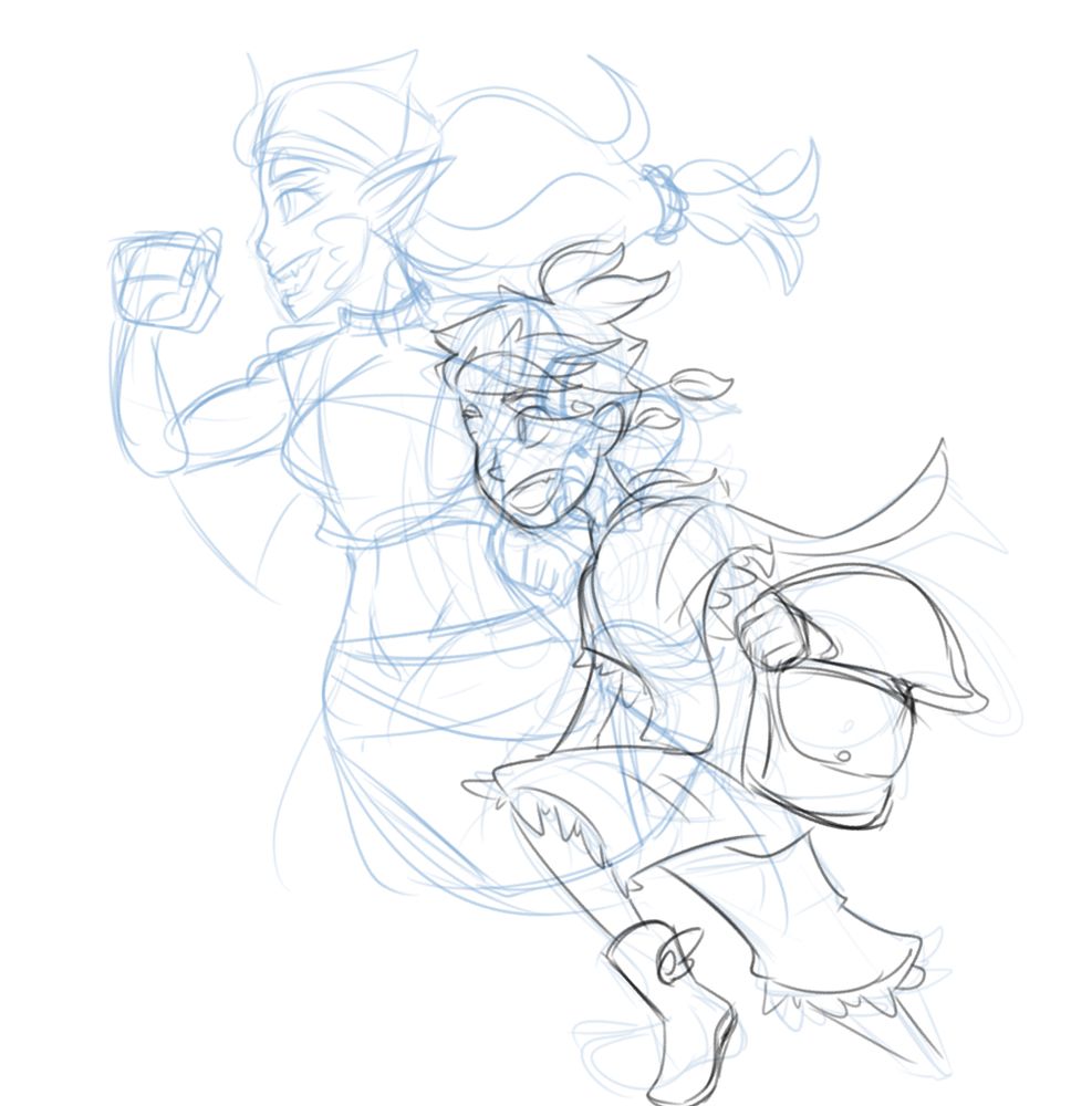 Sketch:
Shizuka in the back with Arenn in front. Both are moving in a hurry with excitement.