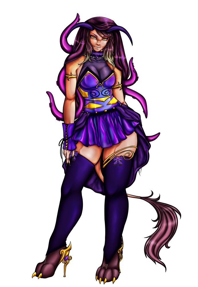 She has deep brown skin, long purple and black hair with golden streaks, curved black horns, and glowing amber eyes. Several thick, purple tentacles extend from her back. She wears a purple and gold armored crop top, short pleated skirt, thigh-high stockings, and clawed gauntlets. Her legs end in large, clawed, animal-like feet with gold high-heel accents, and she has a long, thin tail with a tuft of purple fur at the end. The outfit features ornate gold designs, and her stance is confident and imposing.