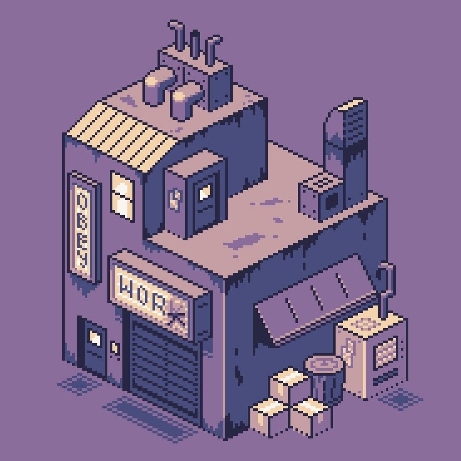 A pixelart of a factory. The entrance says "WORK", and the K has fallen.