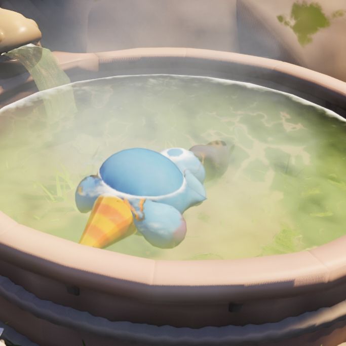 Depresso, a blue cat looking pal with folded ears from Palworld, floating face down in a hot spring while wearing a party hat. Don't worry, it's not dead, that's just how they float in the hot spring. 