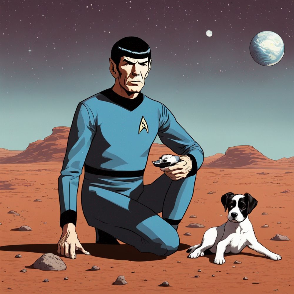 AI art from prompt "Mr. Spock on Mars with a puppy"