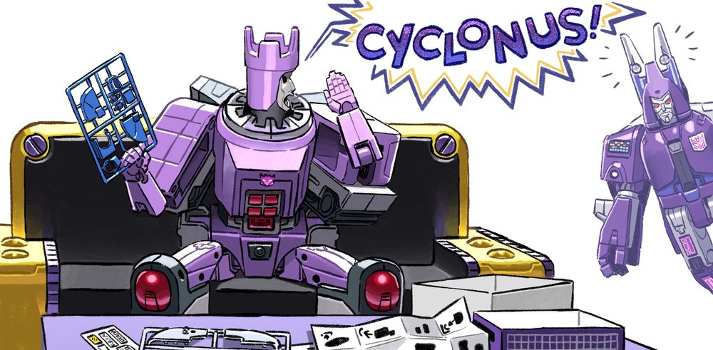 Galvatron sits on his couch in front of his model kit of one of his henchmen Scourge, with one of the sprues in hand. He calls to Cyclonus and his trusty head pincers to aid him in his build.