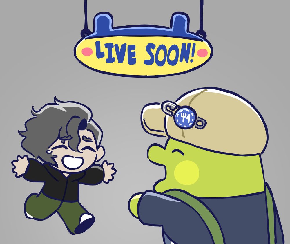 Entien (Smoltien) emotionally reuniting with Kuchipatchi in uniform. The message "Live soon!" is shown in a hanging sign above.