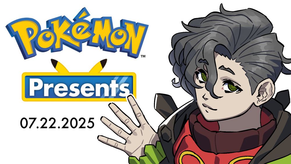 Entien in his Pokemon outfit in front of the graphic for Pokemon Presents.