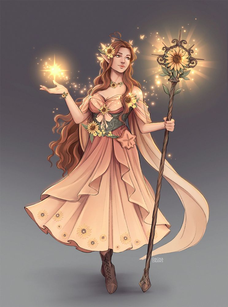 Drawing of a DnD character design. An eladrin light cleric with a flowy dress and sparkles. 