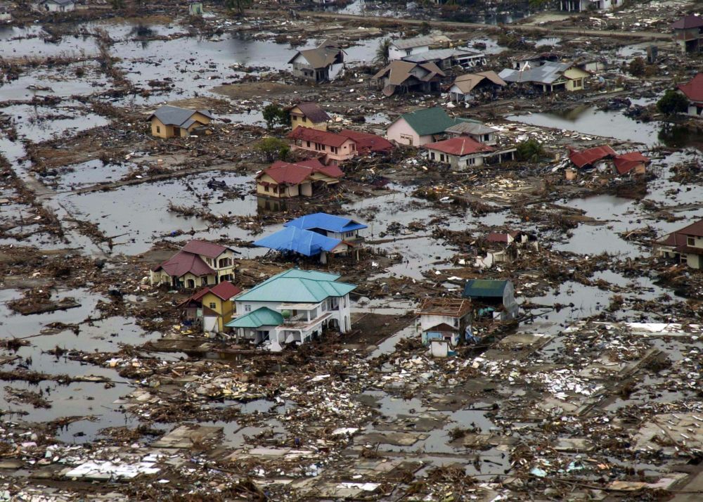 A village near the coast of Sumatra lays in ruin after the Tsunami that struck South East Asia. Helicopters assigned to Carrier Air Wing Two (CVW-2) and Sailors from USS Abraham Lincoln (CVN 72) are conducting humanitarian operations in the wake of the Tsunami that struck South East Asia. The Abraham Lincoln Carrier Strike Group is currently operating in the Indian Ocean off the waters of Indonesia and Thailand.