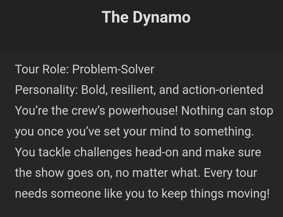 The Dynamo text description in image. 
Tour role: problem solver.