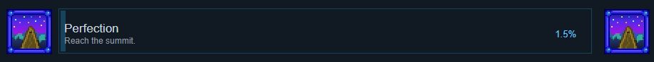 Screenshot of an achievement on steam that reads "Perfection
Reach the summit. 1.5%"
