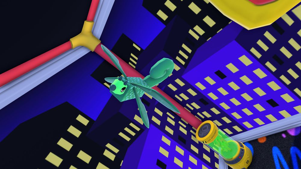 The same wobbledog is now in flight, with its two pairs of dragonfly-esque wings outstretched in an X formation. The photo is taken at an diagonal angle.