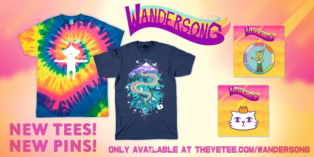 Promotional image showing merch for the video game Wandersong: there is a tie-dye rainbow t-shirt, a navy t-shirt with a printed design of a mountain, a round blue enamel pin featuring the Bard main character, and an enamel pin of a cat character