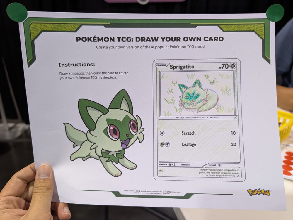 drawing of sprigatito on a "draw your own card" activity.