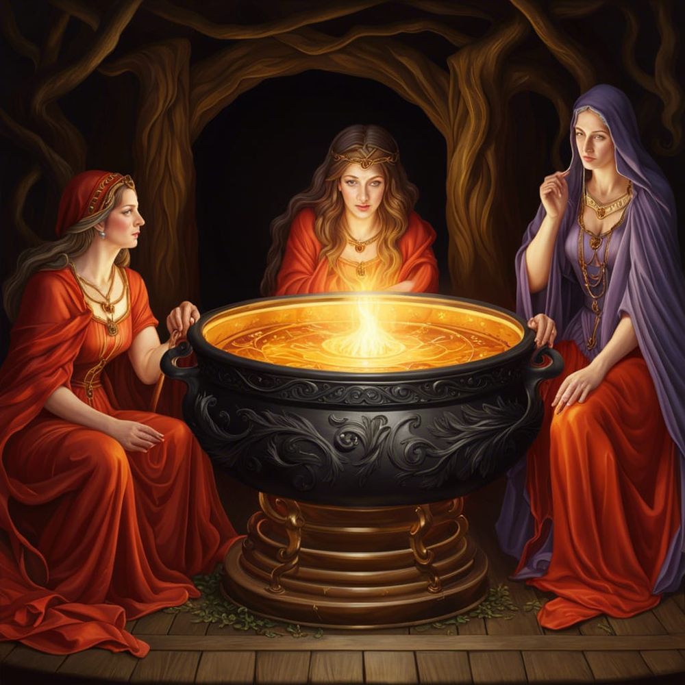 Three women around a cauldron. The prompt was "3 women in a forest". I've no idea why there is a cauldron, or why the hands aren't where people normally have them.
