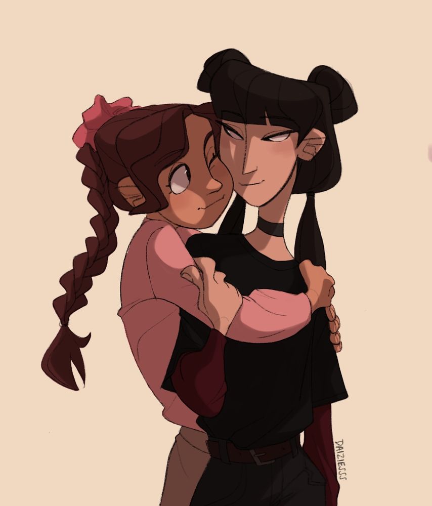 Ty lee in pink Hugging Mai in Black. They're wearing modernised clothes that match their original style. 

Both characters belong to Avatar the last airbender. 