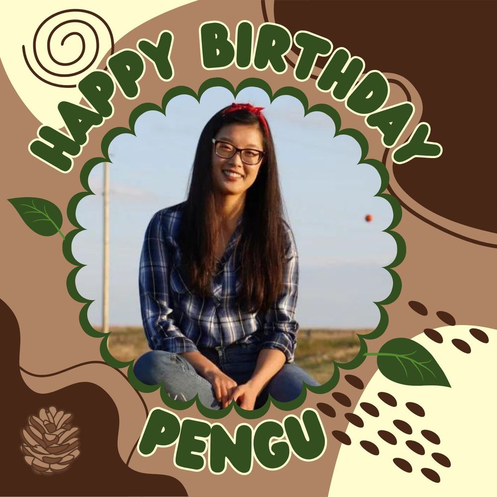 a mixture of dark brown, tan, and creme colors swirling around in different shapes and patterns in the background of the picture. In green bubble text with a white thin outline reads "HAPPY BIRTHDAY" curved in a top half circle to fit around a picture of Pengu in the middle of the frame. Under the picture of Pengu reads "Pengu" in the same green bubble text with a white thin outline. 