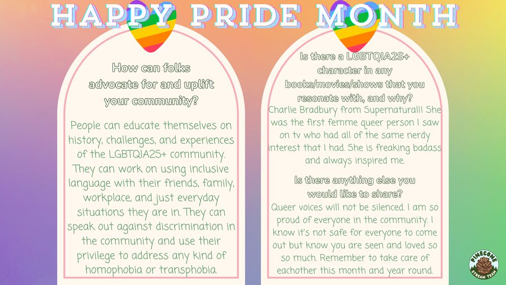 Q4: "How can folks advocate for and uplift your community?" A4: "People can educate themselves on history, challenges, and experiences of the LGBTQIA2S+ community. They can work on using inclusive language with their friends, family, workplace, and just everyday situations they are in. They can speak out against discrimination in the community and use their privilege to address any kind of homophobia or transphobia." Q5: "Is there a LGBTQIA2S+ character in any books/movies/shows that you resonate with, and why?" A5: "Charlie Bradbury from Supernatural!! She was the first femme queer person I saw on tv who had all of the same nerdy interest that I had. She is freaking badass and always inspired me." Q6: "Is there anything else you would like to share?" A6: "Queer voices will not be silenced. I am so proud of everyone in the community. I know it's not safe for everyone to come out but know you are seen and loved so so much. Remember to take care of each other this month and year round."