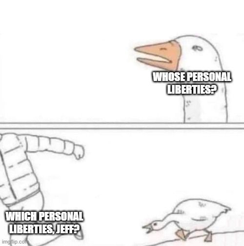 Goose meme chasing Jeff Bezos to define what he means by "Personal Liberties"