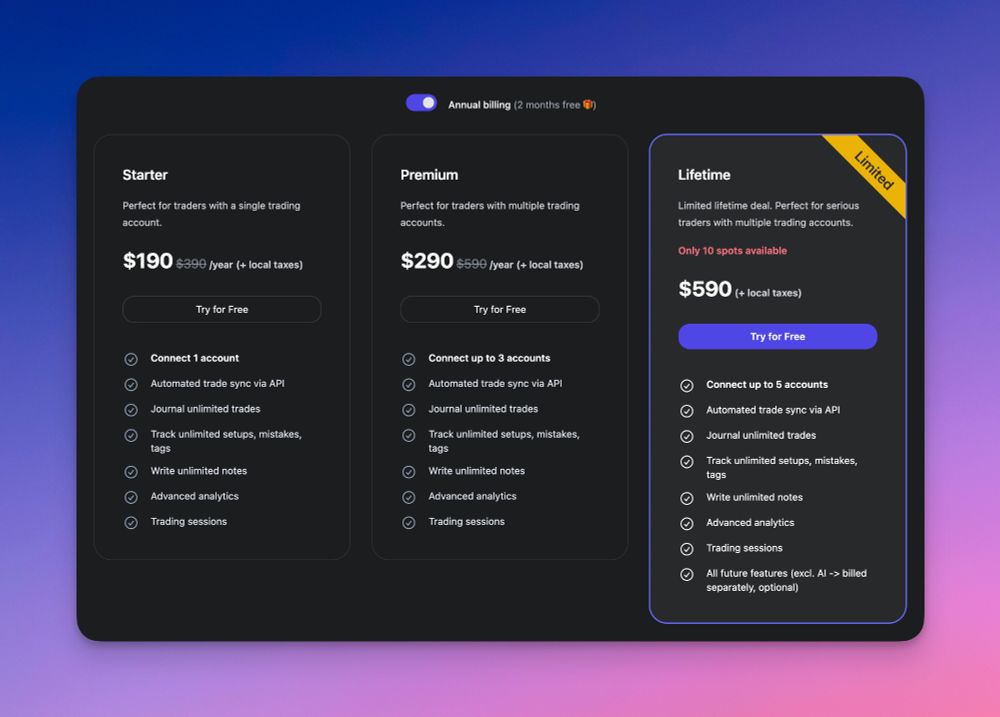 Pricing page including a limited lifetime deal on tradojo.com