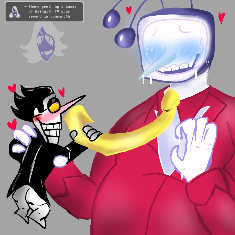 tenna getting his tie pulled by spamton (rouxls kaard is here too, ignore him)