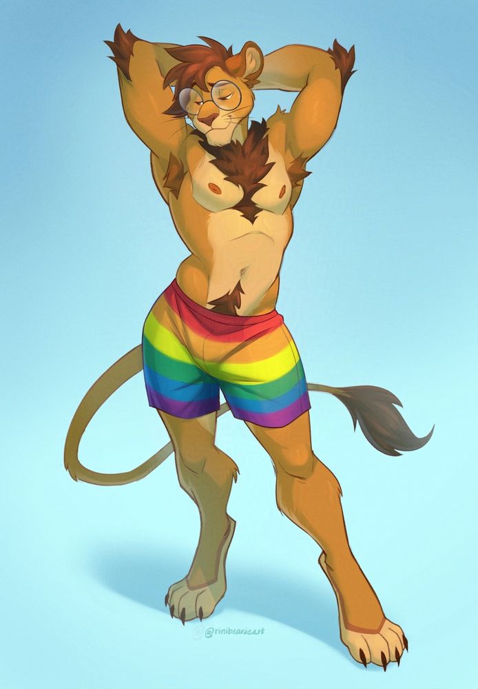 Colored sketch of my OC Scottsdale, an anthropomorphic lion wearing beach shorts in the LGBTQIA+ flag colors. He looks a little shy but proud.