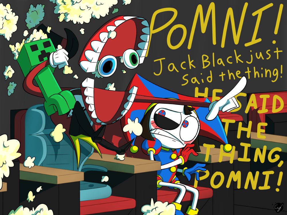 Caine does this every time Jack Black says a thing. (He has an infinite supply of popcorn.)