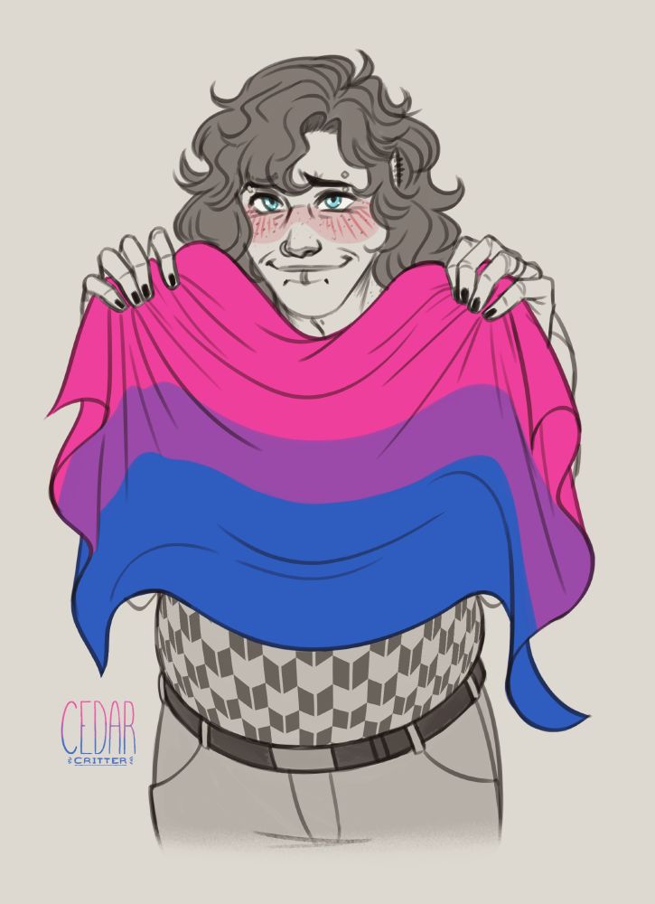 my OC Adryan smiling while holding up the bisexual pride flag