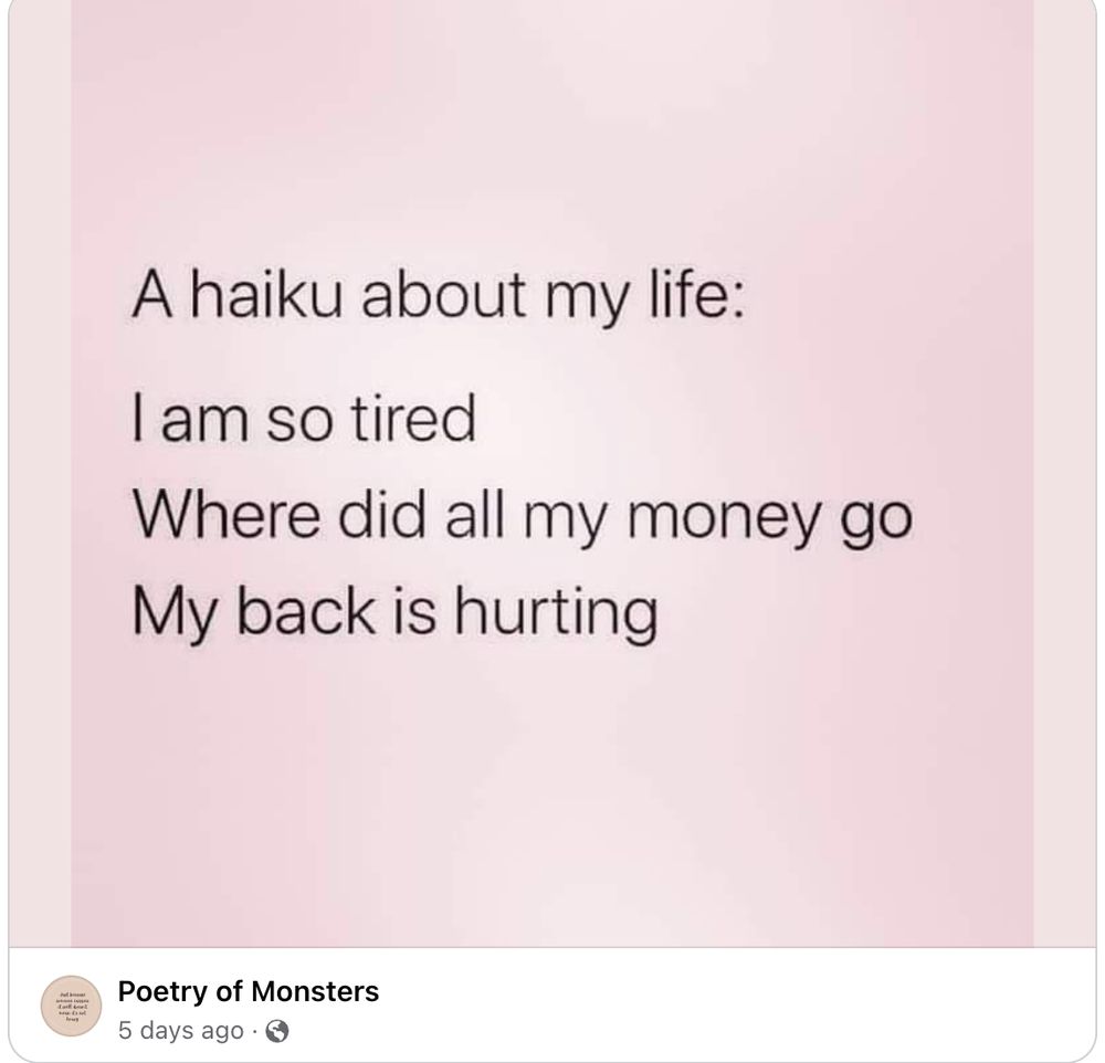 (black text on a pink background)

A haiku about my life:

I am so tired
Where did all my money go
My back is hurting