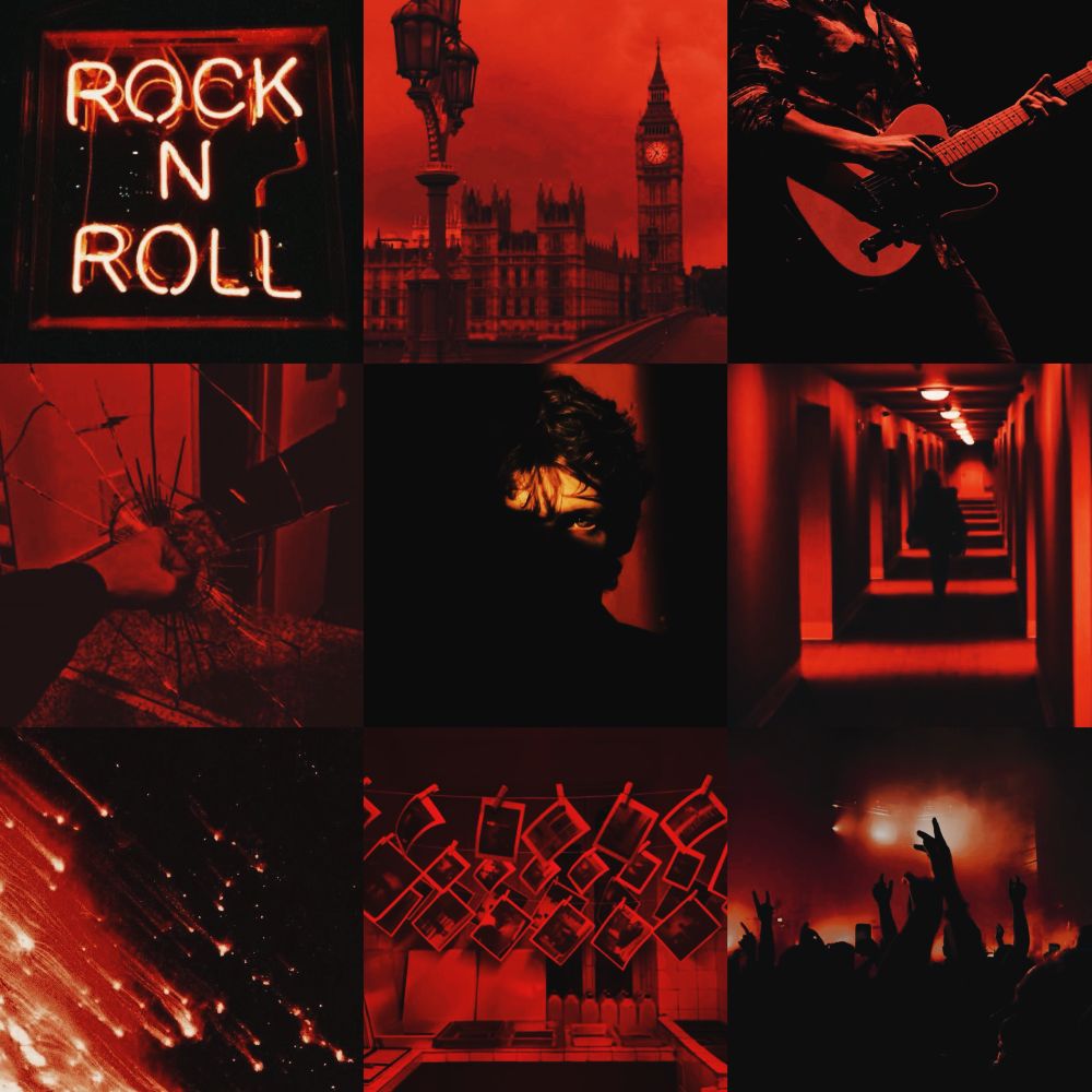 a moodboard detailing nine images related to my book: a neon rock n roll sign, london (notably big ben), a man playing the guitar, someone punching a mirror into shards, a man staring into the camera with his face concealed, someone walking down a hallway, stars falling from the sky, photos hanging from the ceiling and finally, an audience at a gig. all nine images have a red hue.