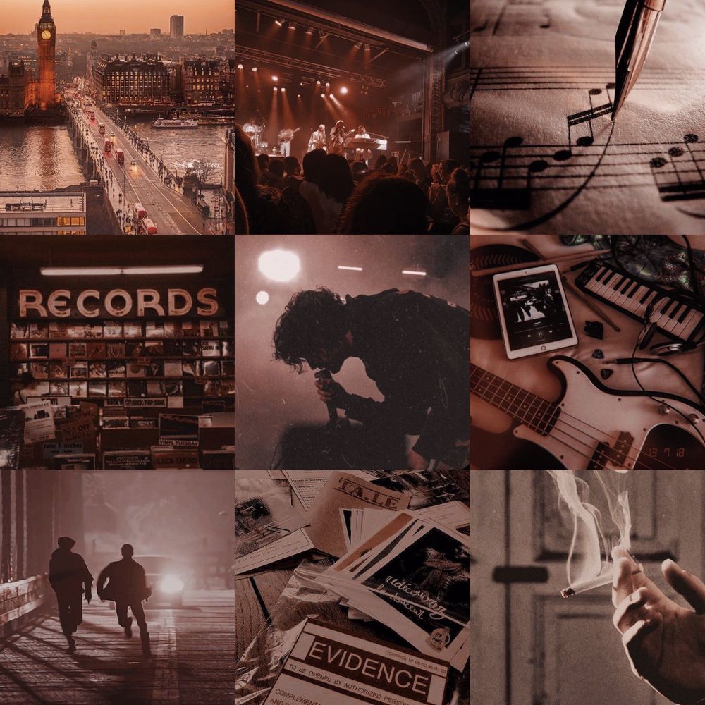 a moodboard detailing nine images related to my work in progress devilswip, in order from right to left they are: london notably the landmark big ben, a band performing on stage, a sheet of music, a record store, the silhouette of a rockstar, some musical instruments scattered on a bed, two men running, a pile of evidence and finally a hand holding a cigarette
