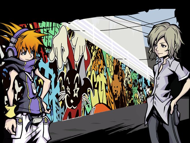 2nd fake screencap from the world ends with you. Neku and Joshua stand in front of the Udagawa mural smiling at each other.