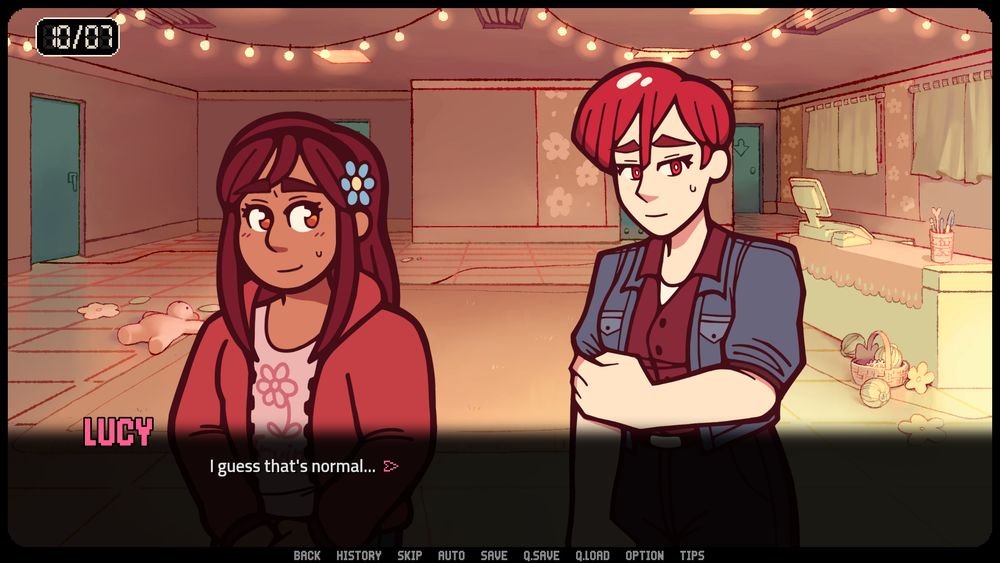 A screenshot from Spare Parts: Episode 2. Lucy says to Unit 01: "I guess that's normal..."