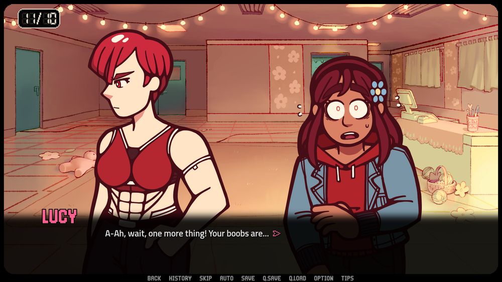A screenshot from Spare Parts: Episode 2. Unit 01 is shirtless and her robot boobs are out. Lucy has a panicked look on her face, and says: "A-Ah, wait, one more thing! Your boobs are..."