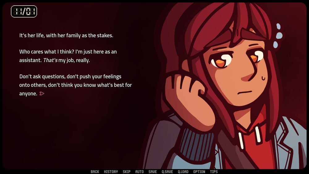 A screenshot from Spare Parts: Episode 2. Lucy is looking irritated about something. The narration reads: "It's her life, with her family as the stakes. Who cares what I think? I'm just here as an assistant. That's my job, really. Don't ask questions, don't push your feelings onto others, don't think you know what's best for anyone."