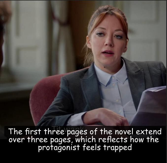 Philomena Cunk reading in a chair. "The first three pages of the novel extend over three pages, which reflects how the protagonist feels trapped"