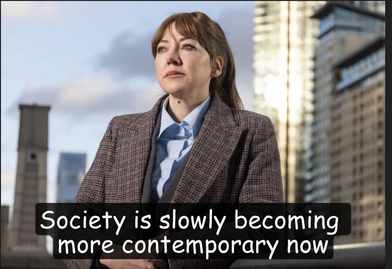 Philomena Cunk looking thoughtfully into the distance. "Society is slowly becoming more contemporary now"